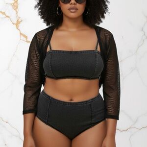 SKIMS Black Denim Wash Denim Swim Bandeau 4X NWT